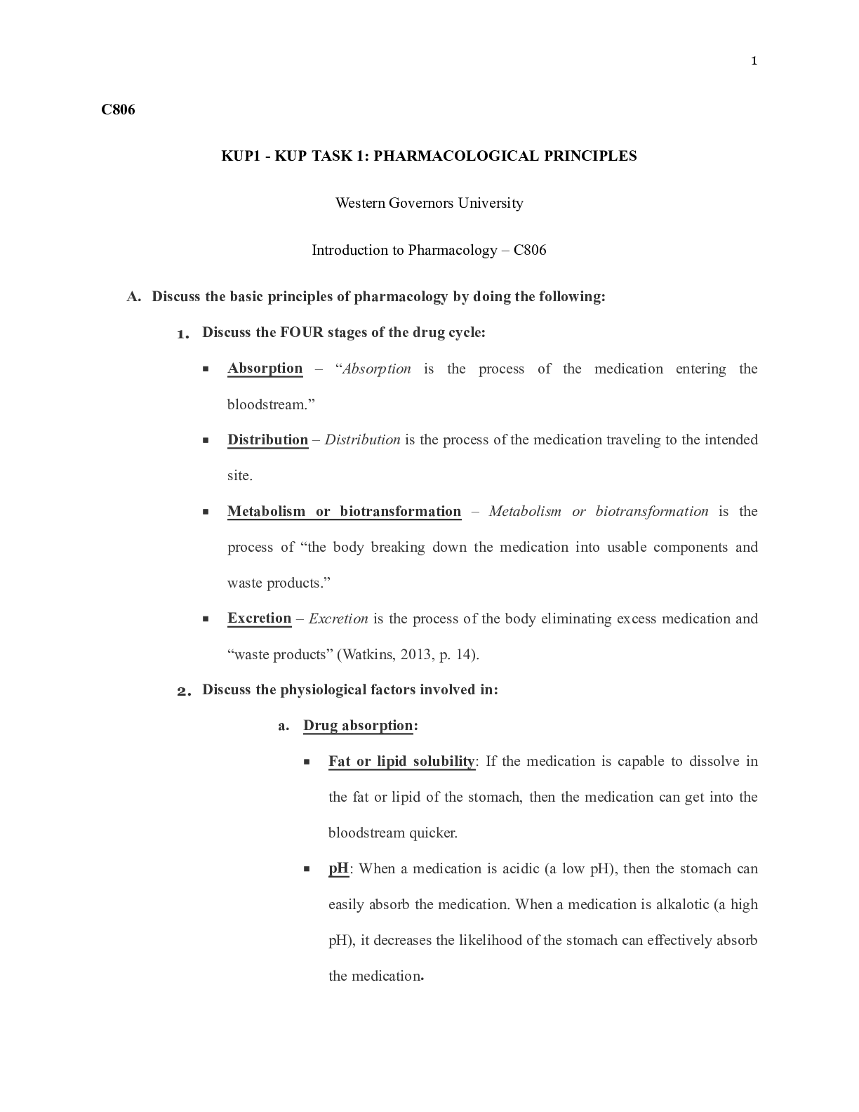 Preview of KUP1 Task 1.docx  C806  KUP1 - KUP TASK 1: PHARMACOLOGICAL PRINCIPLES  Western Governors U